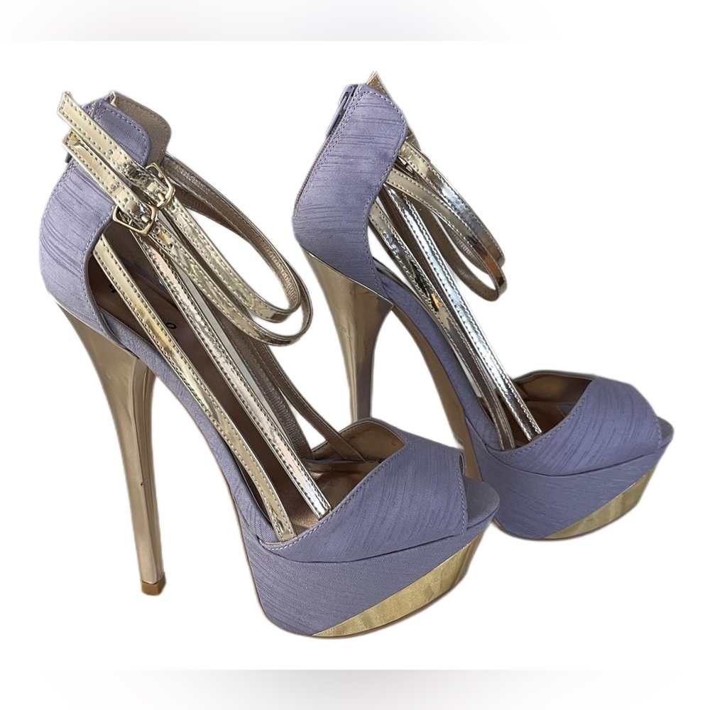 Qupid Canvas Sexy Peep Toe Killer Heels in Lavender gold Platform Size 7 1/2